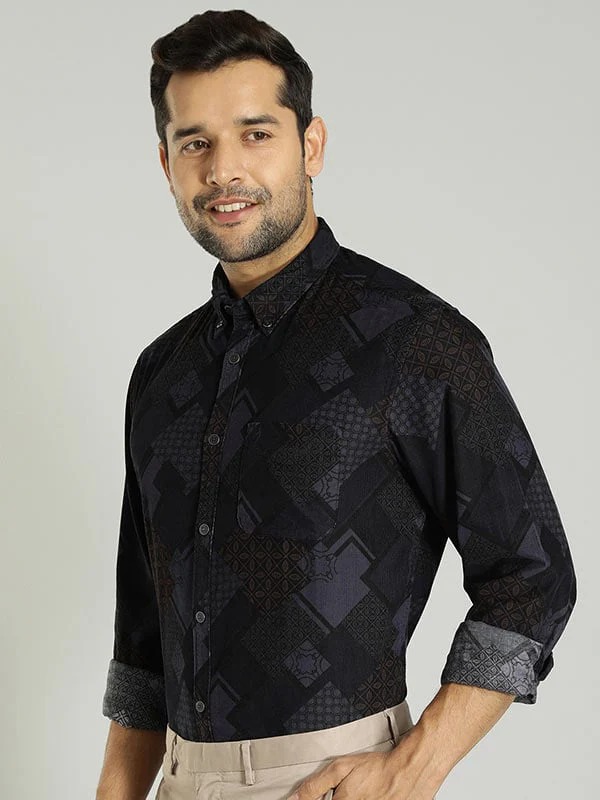 Indian Terrain Men's Slim Fit Full Sleeve All Over Print Navy Shirt